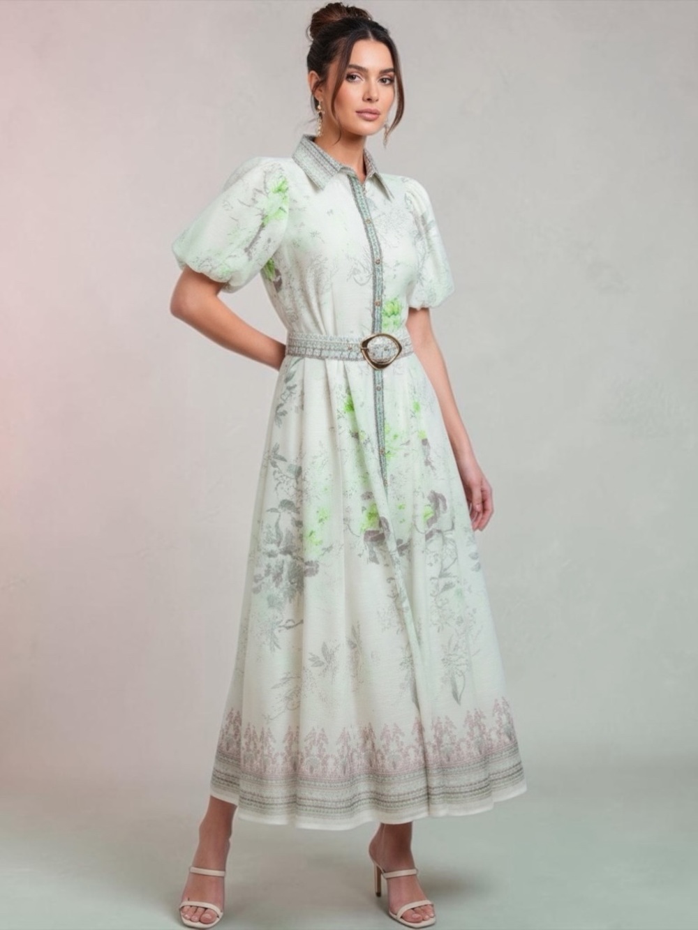 Green Floral Abstract Belted Midi Dress with Puff Sleeves